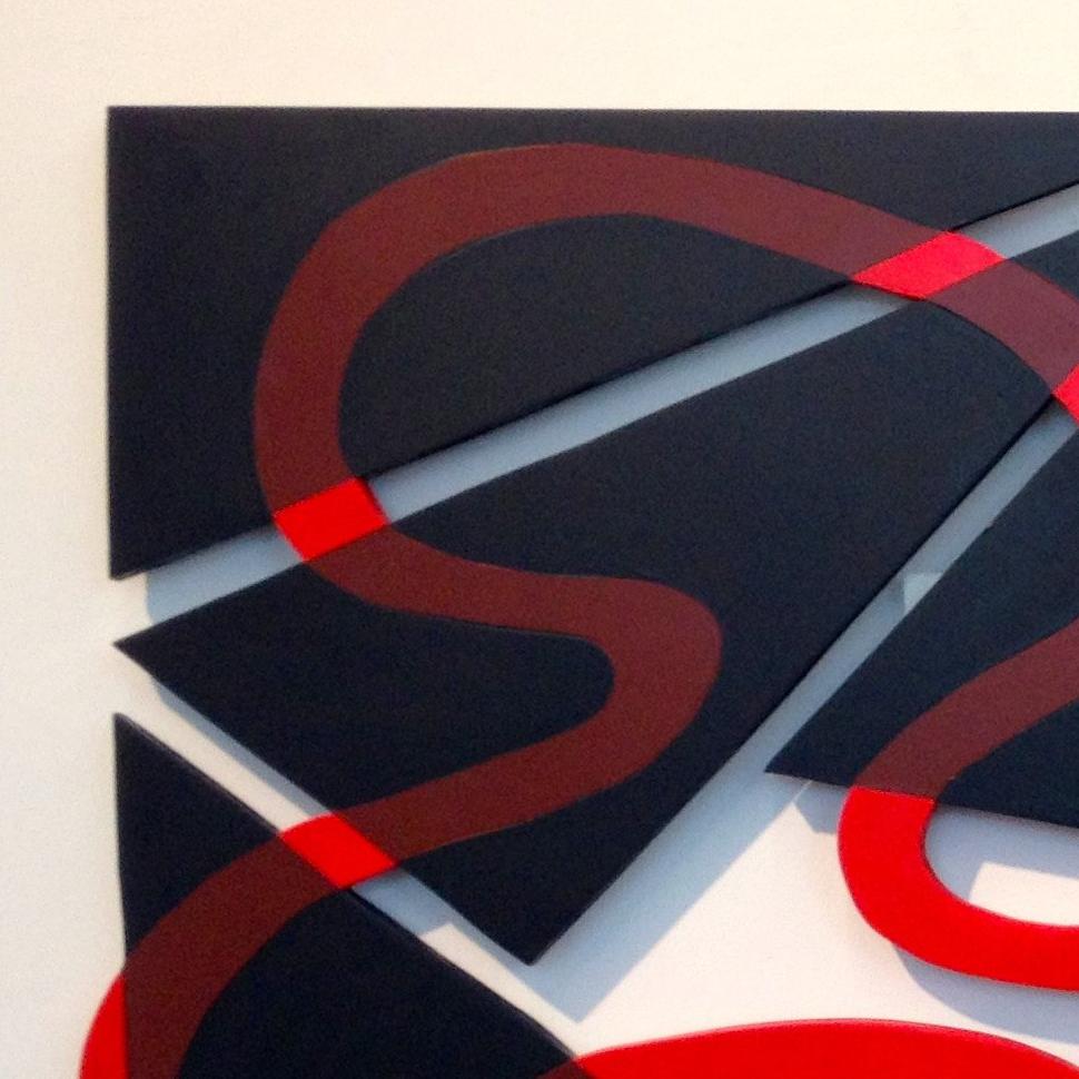  “The Red And The Black”, rhythmic geometric wall relief - Sculpture by Fred Bendheim