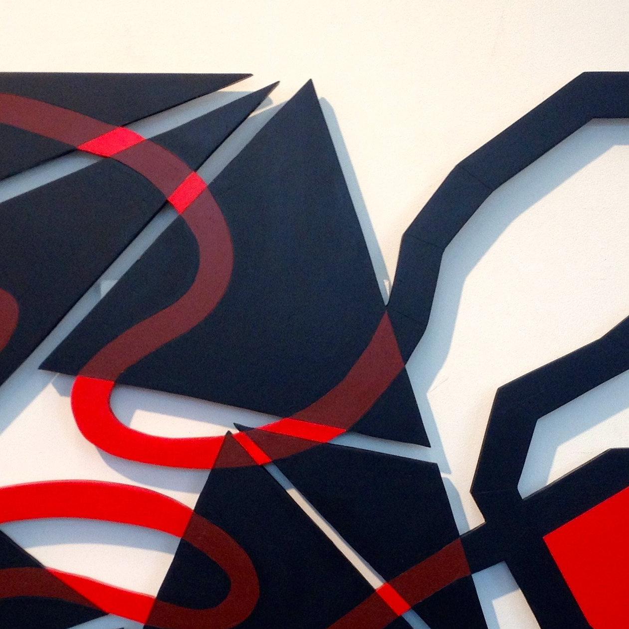  “The Red And The Black”, rhythmic geometric wall relief - Abstract Sculpture by Fred Bendheim