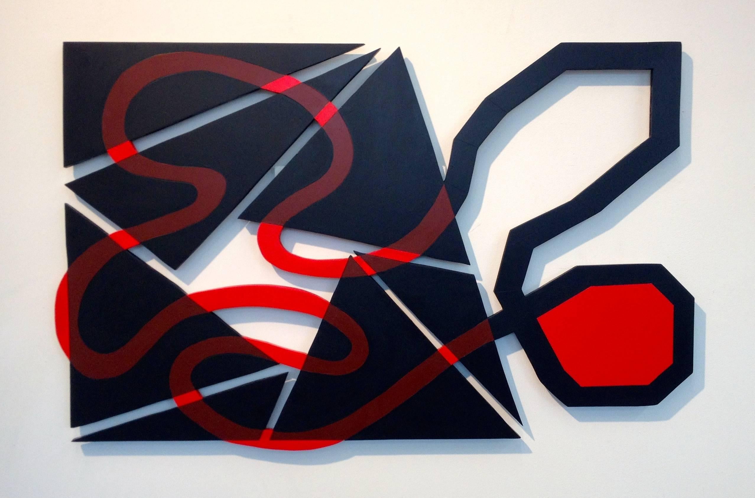 Fred Bendheim Abstract Sculpture -  “The Red And The Black”, rhythmic geometric wall relief