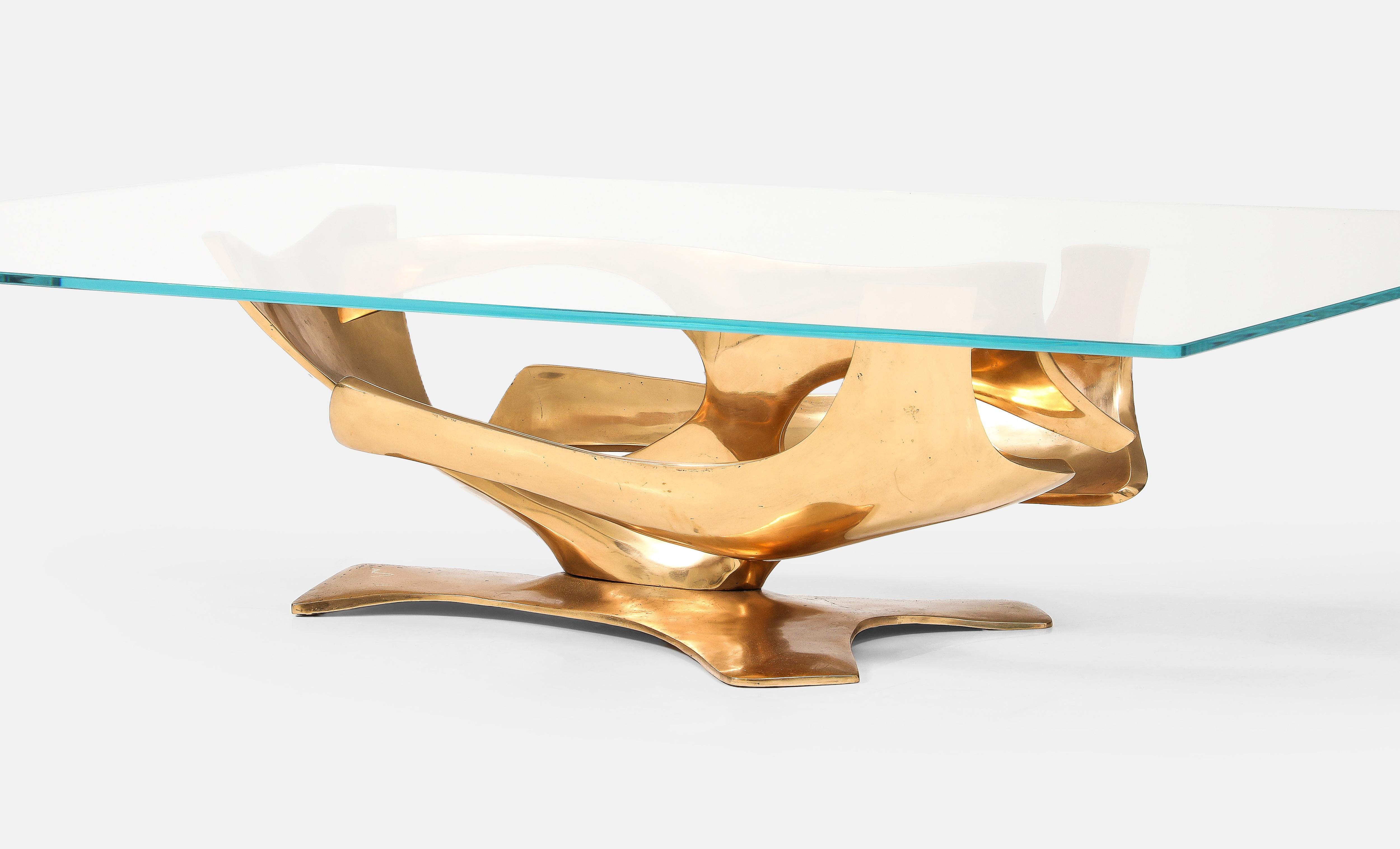 Fred Brouard Sculptural Rectangular Cast Bronze and Glass Top Coffee Table 1970s 3