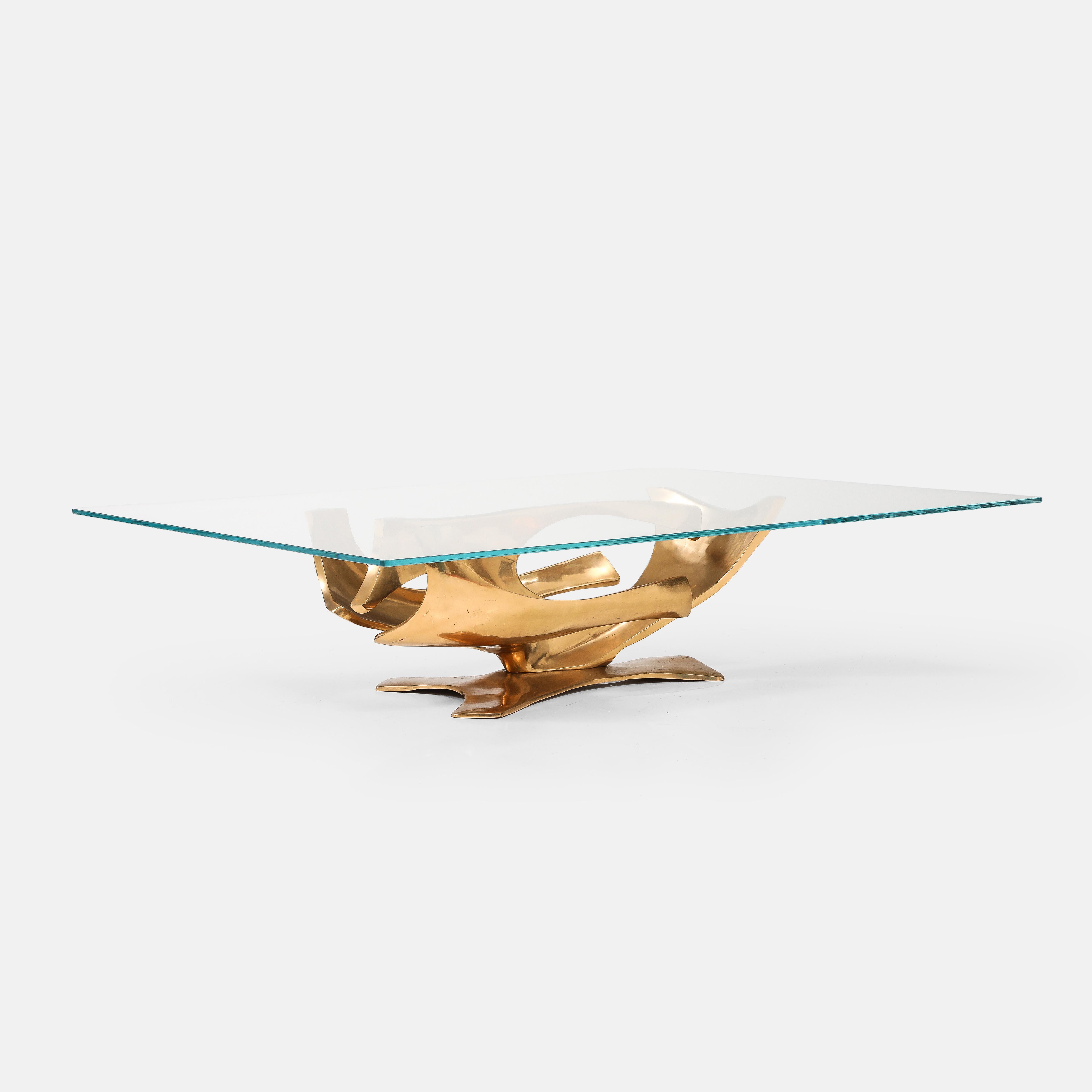 Fred Brouard Sculptural Rectangular Cast Bronze and Glass Top Coffee Table 1970s 4
