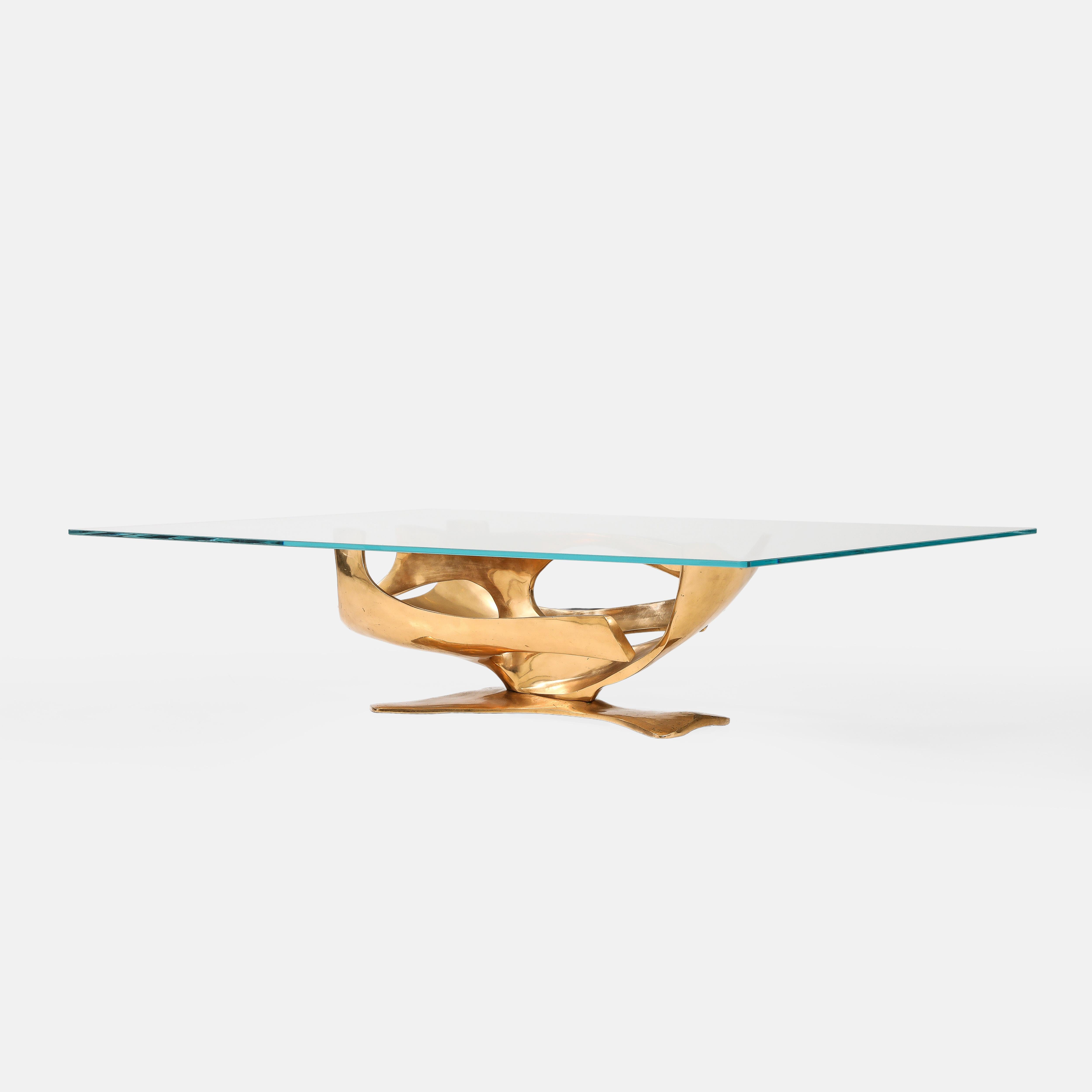 Mid-Century Modern Fred Brouard Sculptural Rectangular Cast Bronze and Glass Top Coffee Table 1970s
