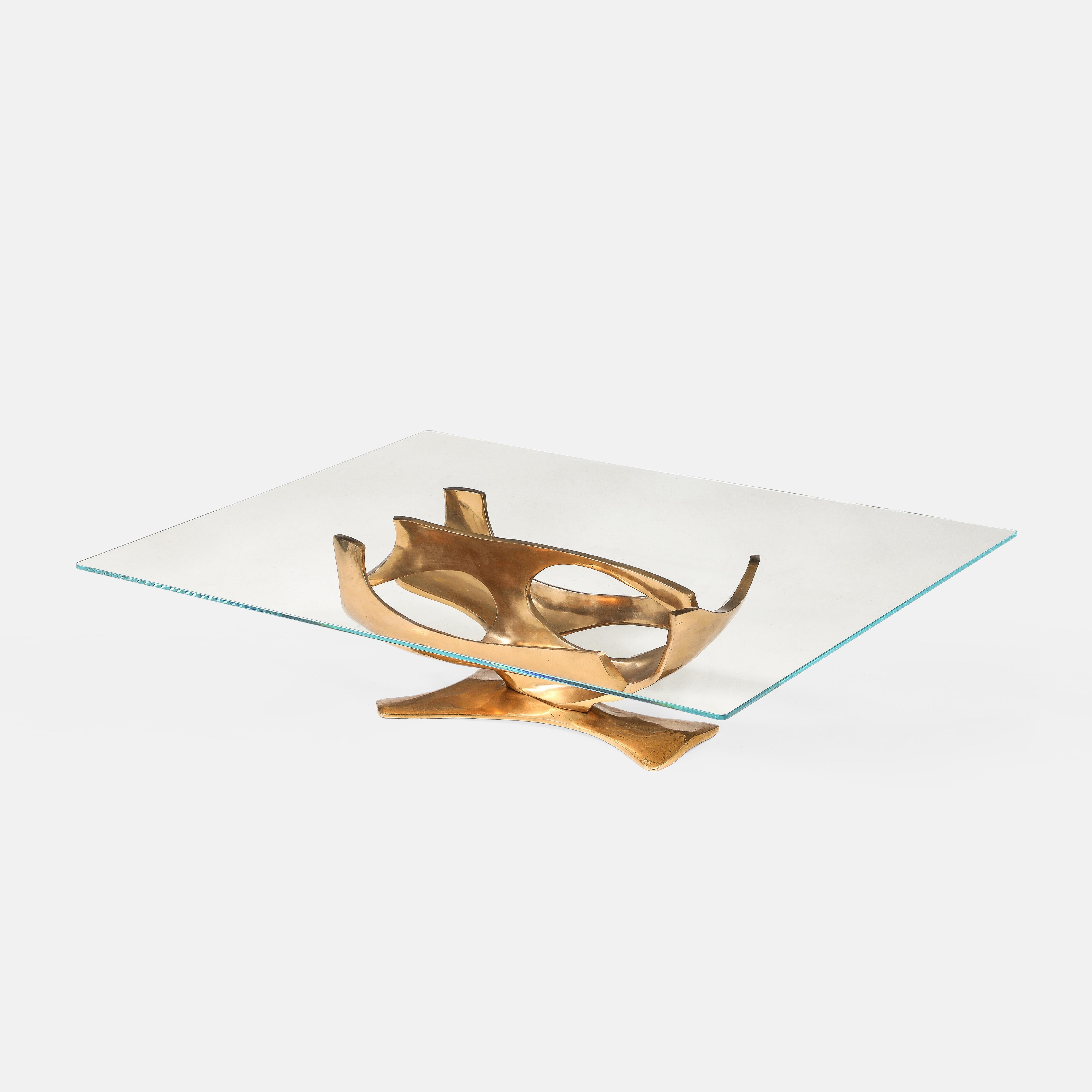 French Fred Brouard Sculptural Rectangular Cast Bronze and Glass Top Coffee Table 1970s