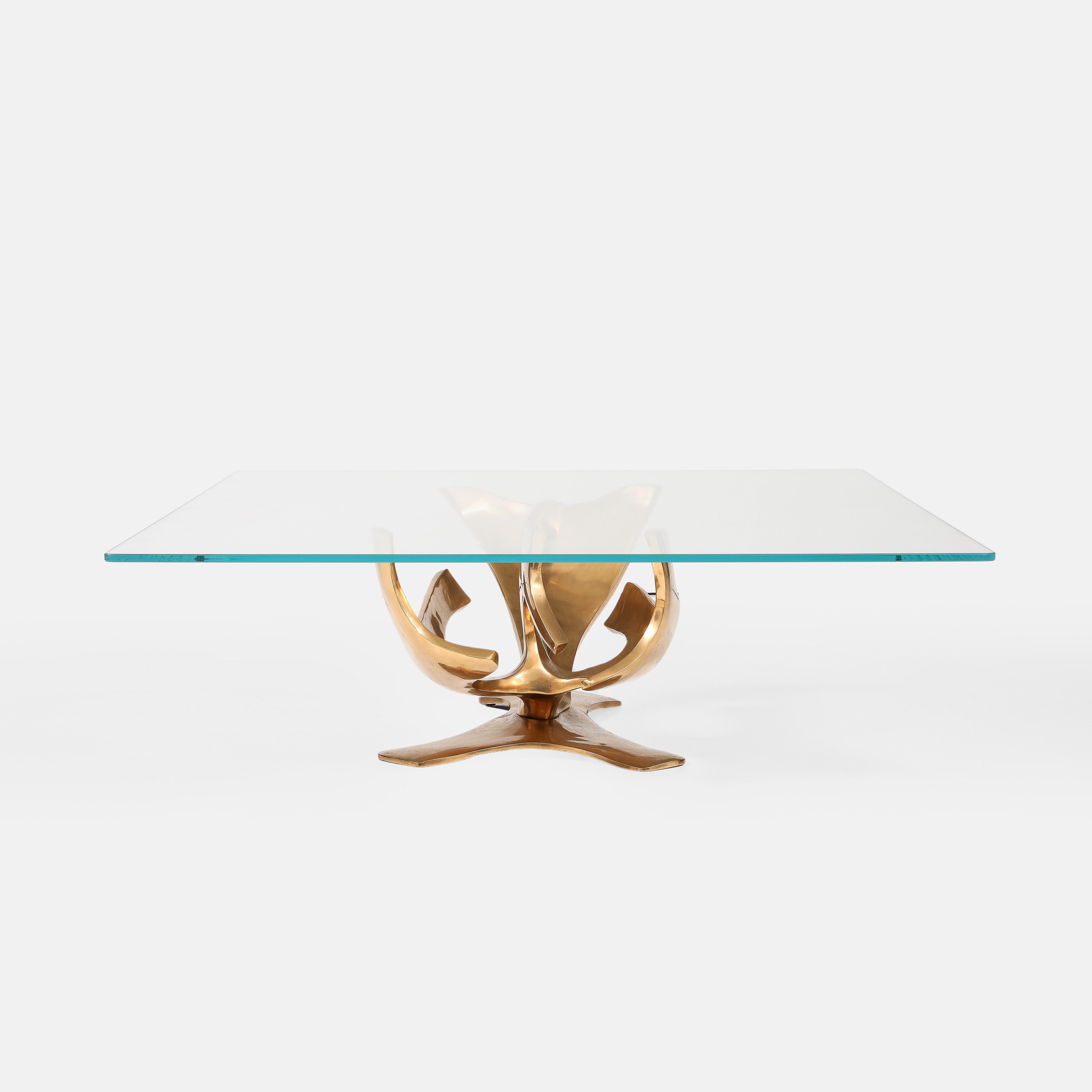 Gilt Fred Brouard Sculptural Rectangular Cast Bronze and Glass Top Coffee Table 1970s