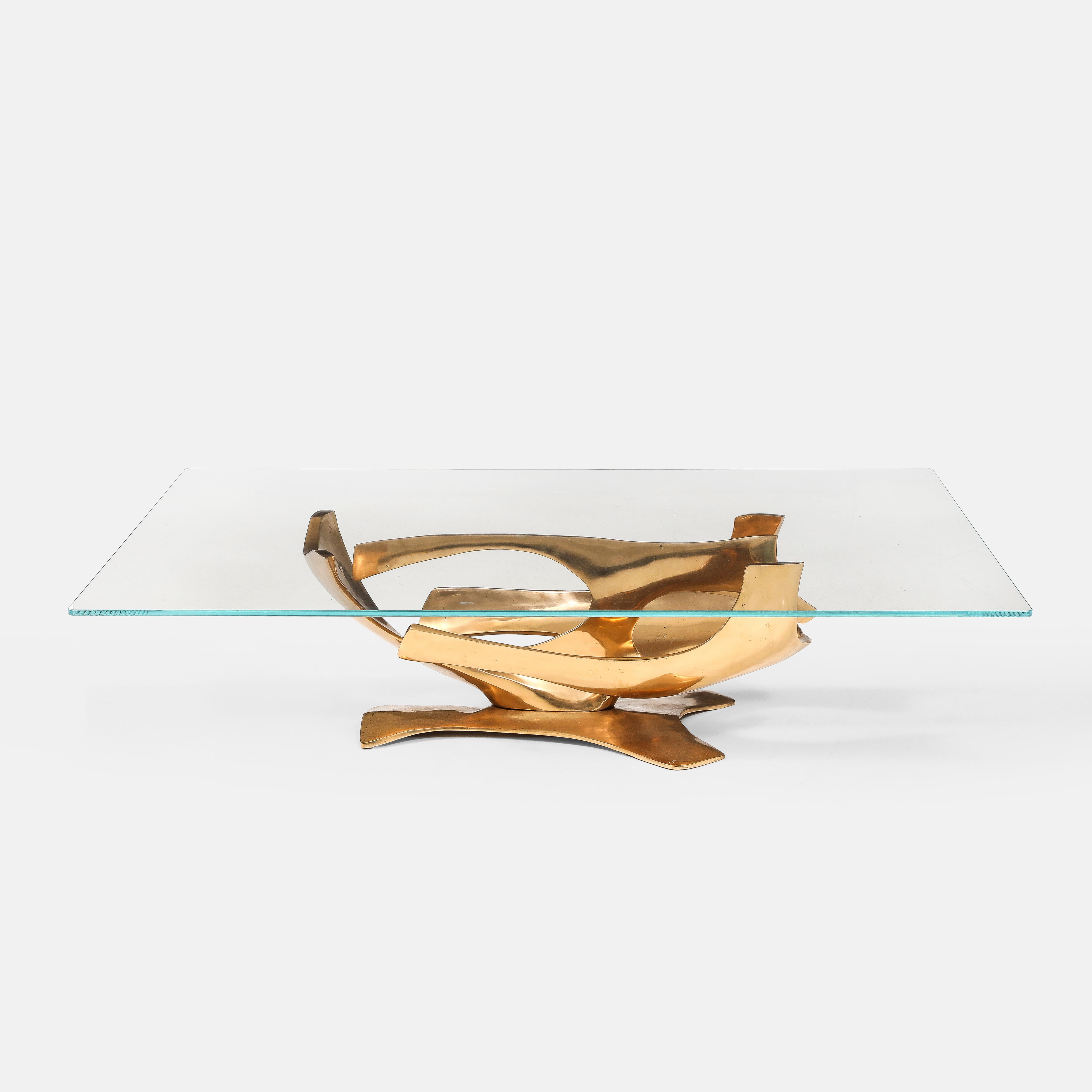 Fred Brouard Sculptural Rectangular Cast Bronze and Glass Top Coffee Table 1970s In Good Condition In New York, NY