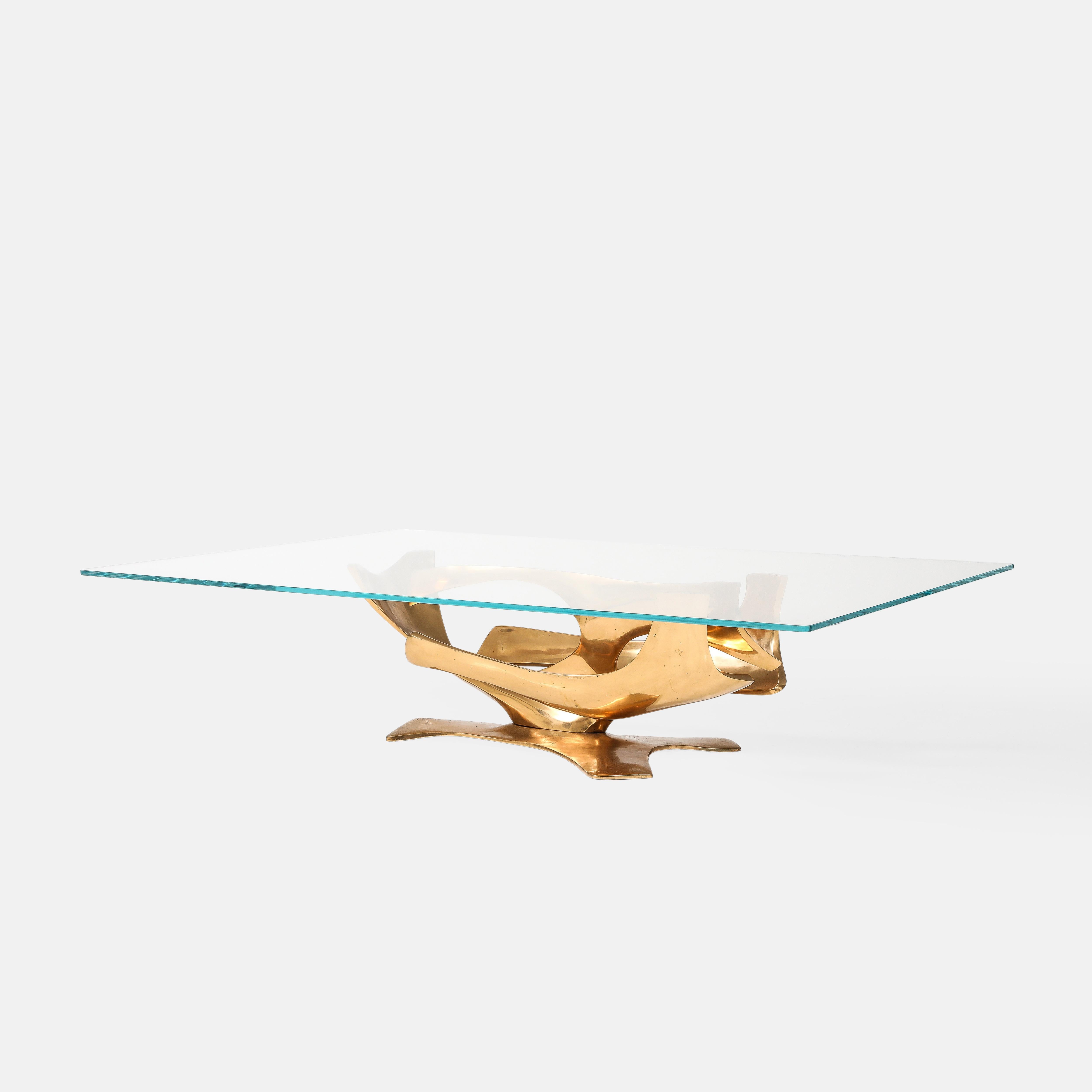 Late 20th Century Fred Brouard Sculptural Rectangular Cast Bronze and Glass Top Coffee Table 1970s