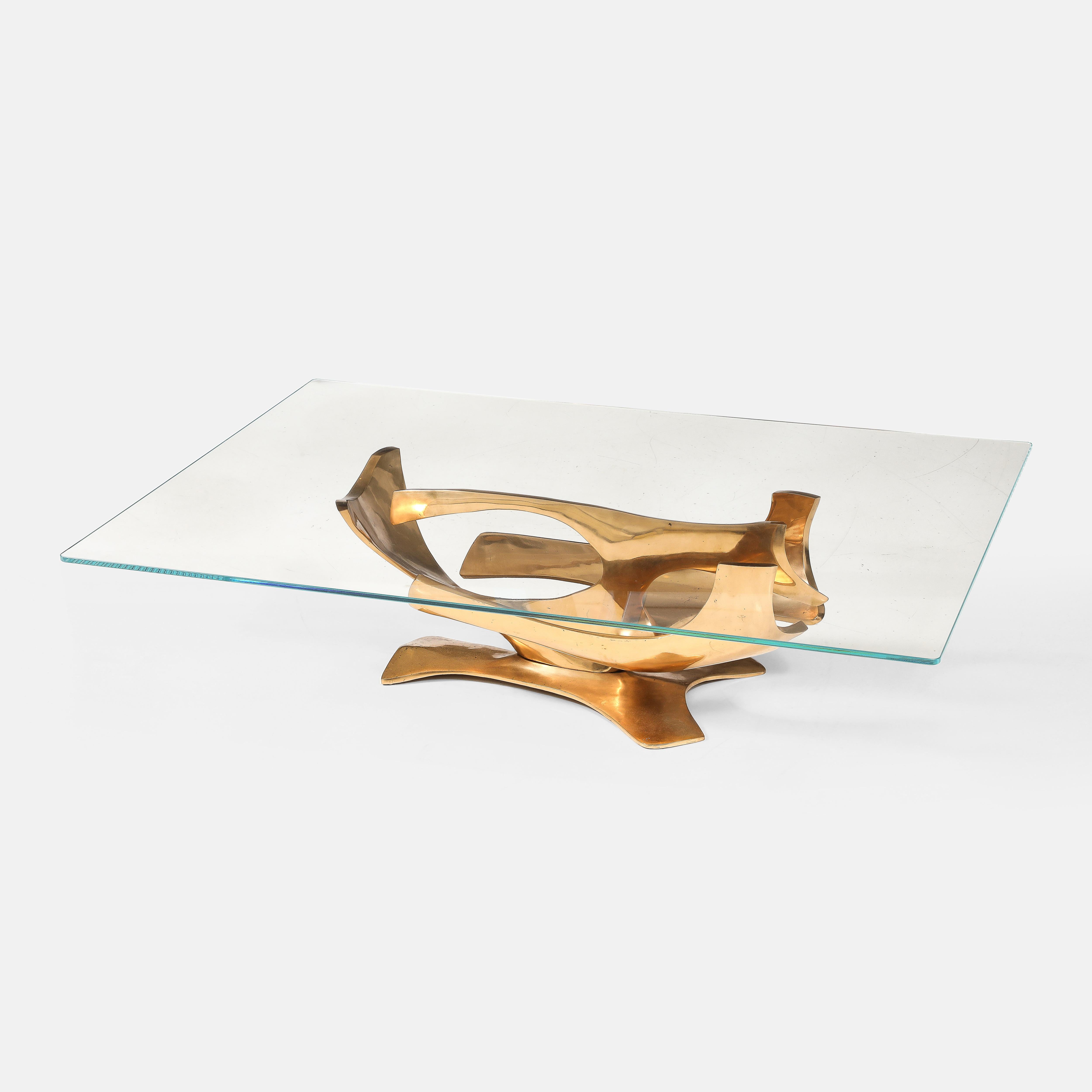 Fred Brouard Sculptural Rectangular Cast Bronze and Glass Top Coffee Table 1970s 1