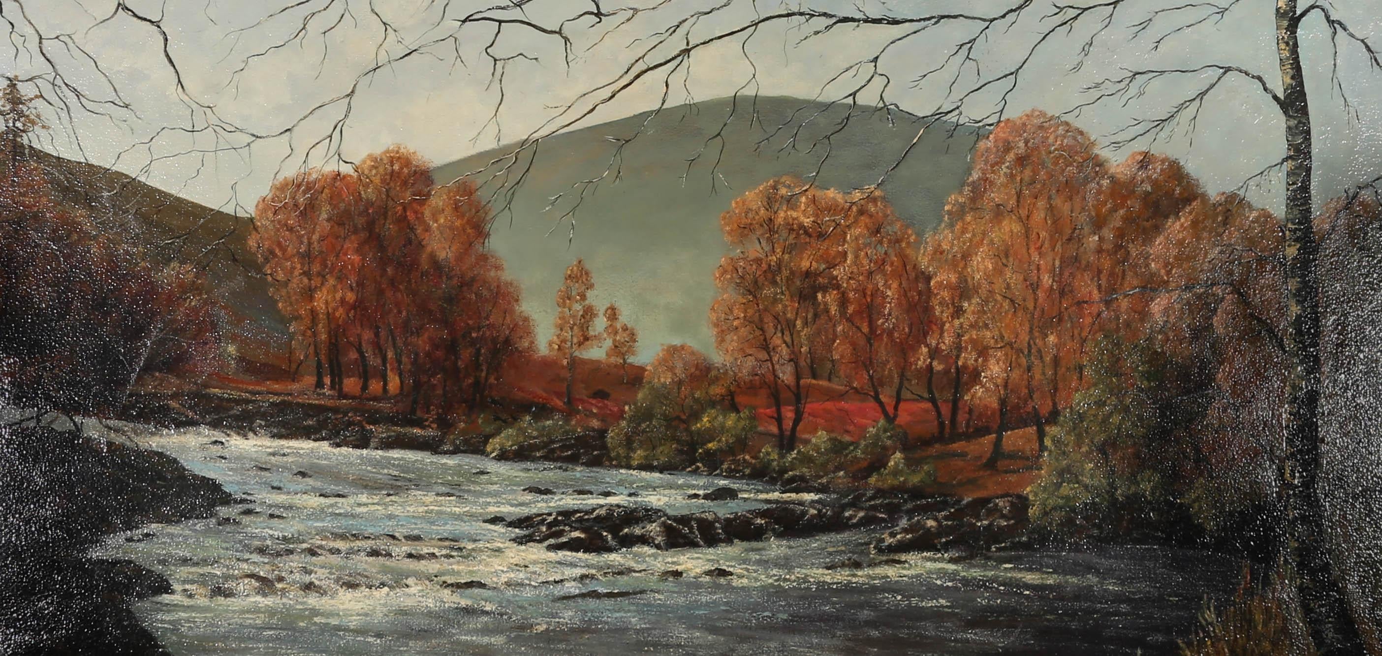 A fine 20th Century landscape in oil showing a rocky river in the highlands with banks lined with bracken and autumnal trees. The artist has signed to the lower right corner and the painting has been presented in a substantial 20th Century gilt
