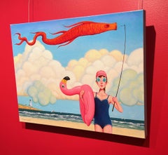 "Aquatic Life" Oil painting of a girl at the beach holding a flamingo floaty