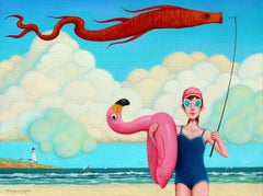 "Aquatic Life" Peinture à l'huile d'une fille à la plage tenant un flotteur flamant rose.