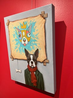 "At the MOMA, Self Portrait" Whimsical oil painting of a dog next to a portrait