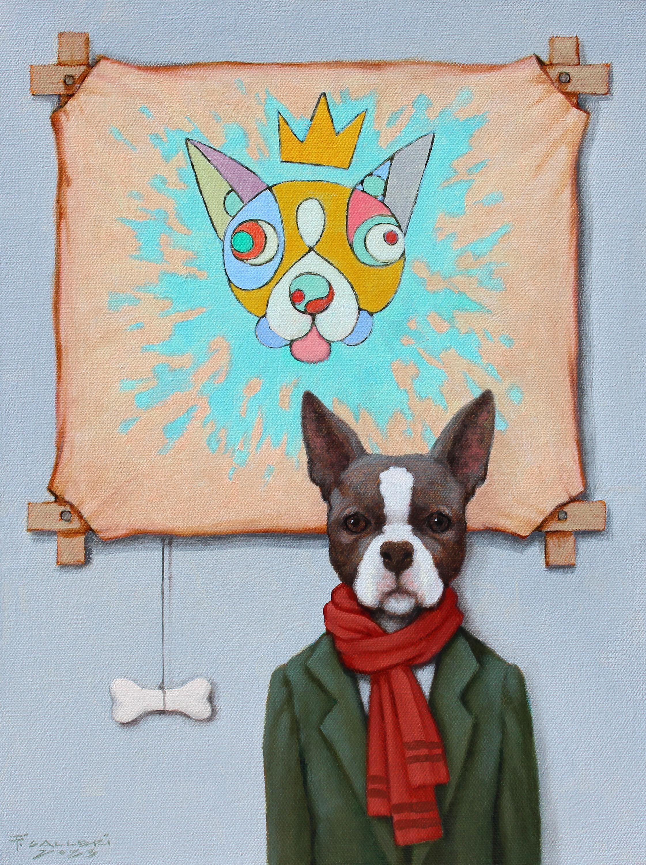 "At the MOMA, Self Portrait" Whimsical oil painting of a dog next to a portrait - Painting by Fred Calleri