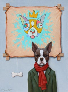 « At the MOMA, Self Portrait » Peinture à l'huile fantaisiste d'un chien à côté d'un portrait