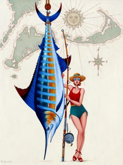 "Atlantic Blue 2025" a blonde woman with a fishing rod stands next to swordfish