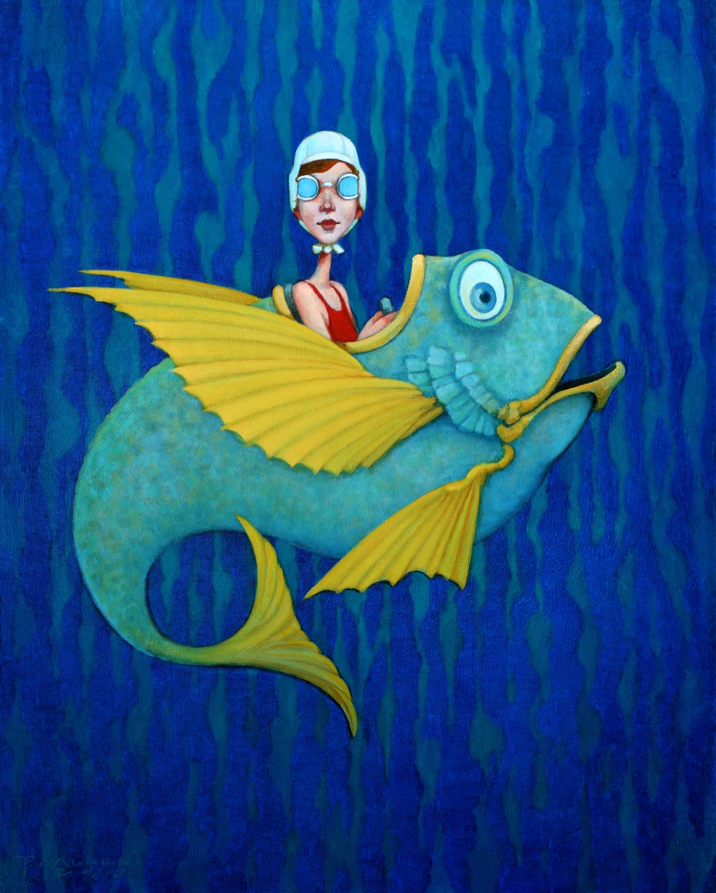 Fred Calleri Figurative Painting - "Atlantic Uber" Woman in red swimsuit, goggles in blue and yellow fish vehicle.