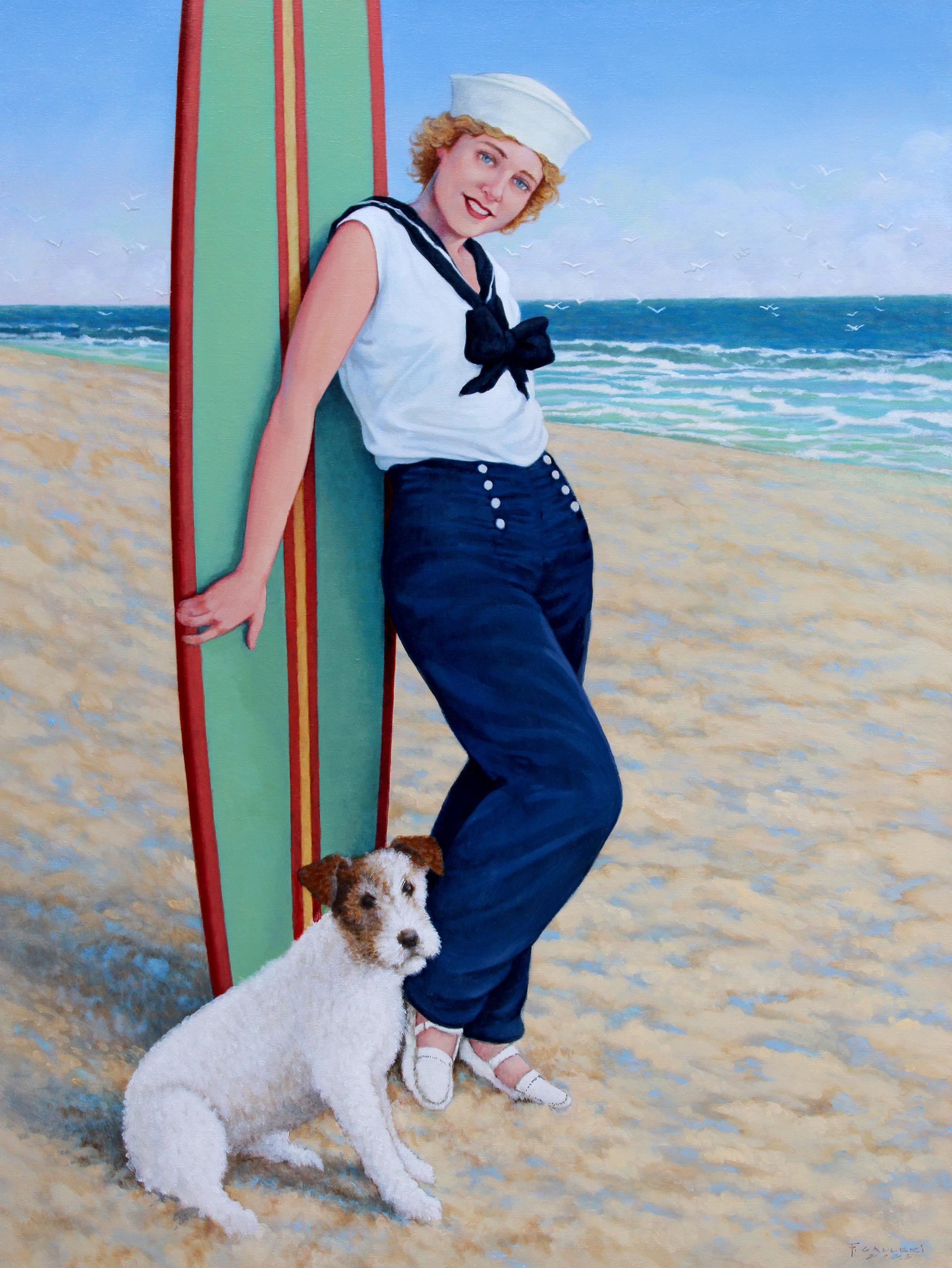 Fred Calleri Figurative Painting - "Beach Betty" oil painting of woman in nautical clothes with surfboard and dog
