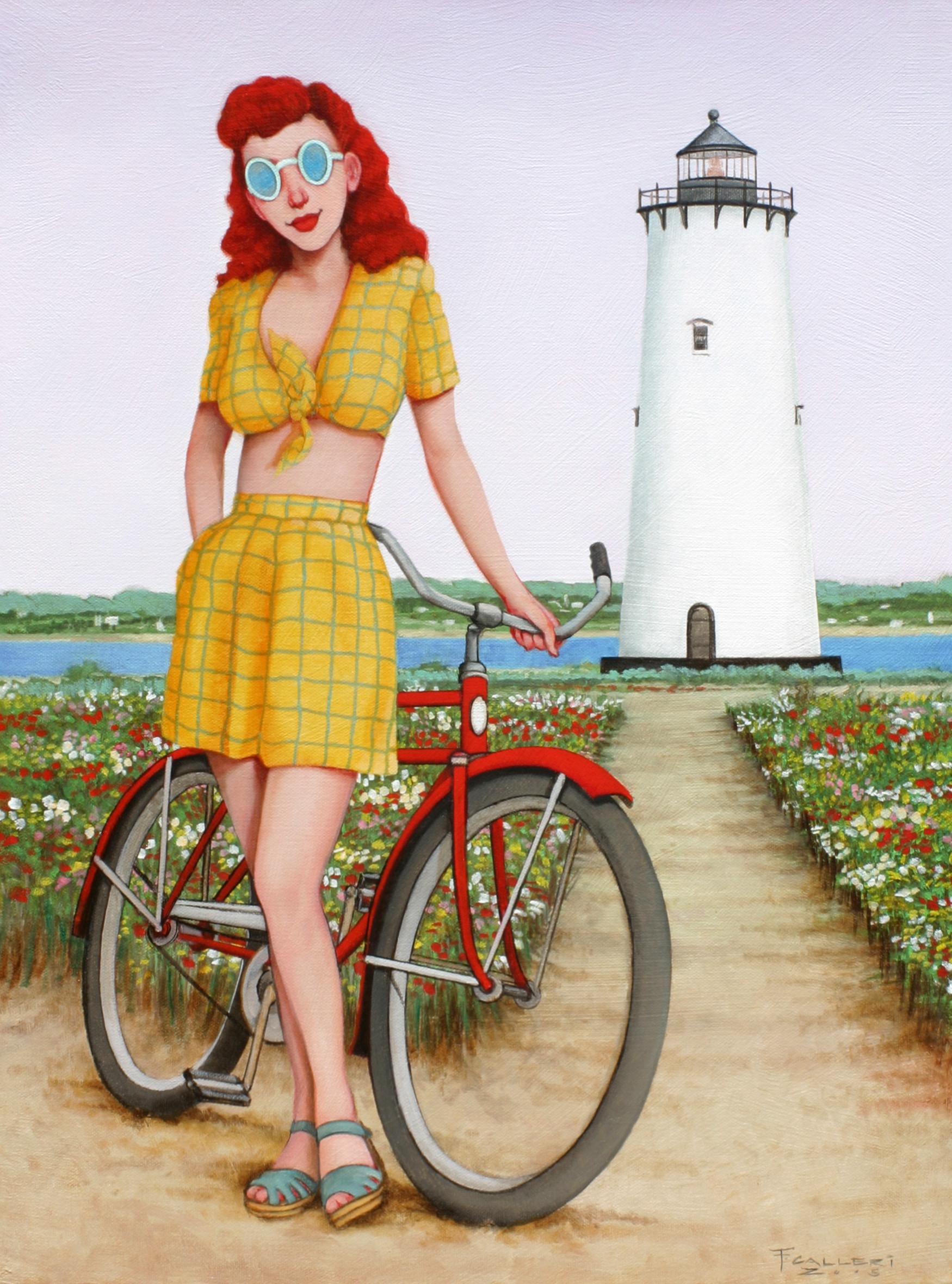 Fred Calleri Figurative Painting - "Beautiful Beacon" Woman With Yellow Shirt, Vintage Bike, Lighthouse, Purple Sky