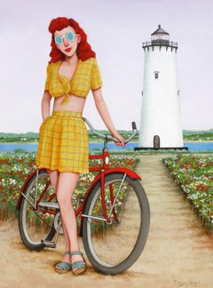 "Beautiful Beacon" Woman With Yellow Shirt, Vintage Bike, Lighthouse, Purple Sky