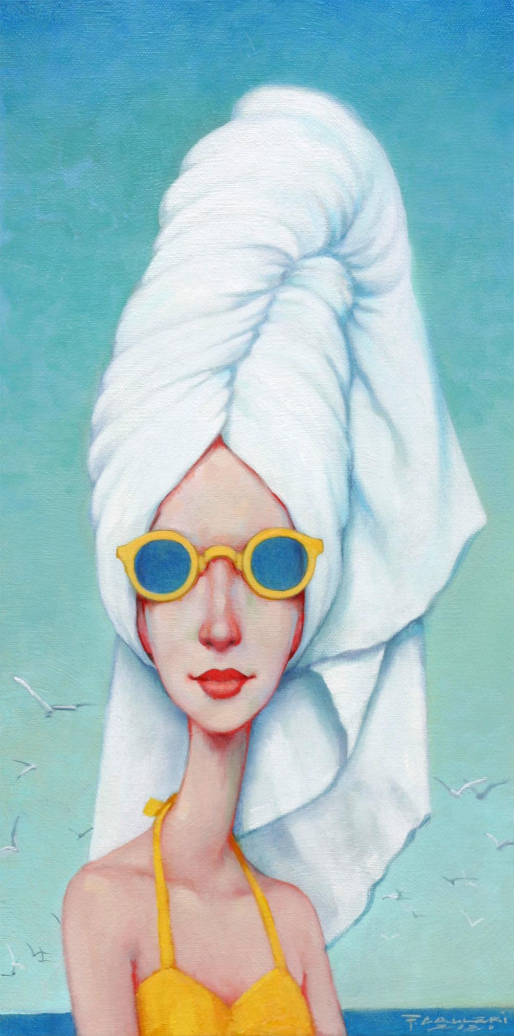 Fred Calleri Portrait Painting - "Bee Hive" oil painting of woman in yellow suit and sunglasses and towel in hair