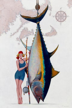 "Blue Fin" peinture à l'huile d'une femme en maillot de bain debout près d'un poisson, carte de Cape Cod.
