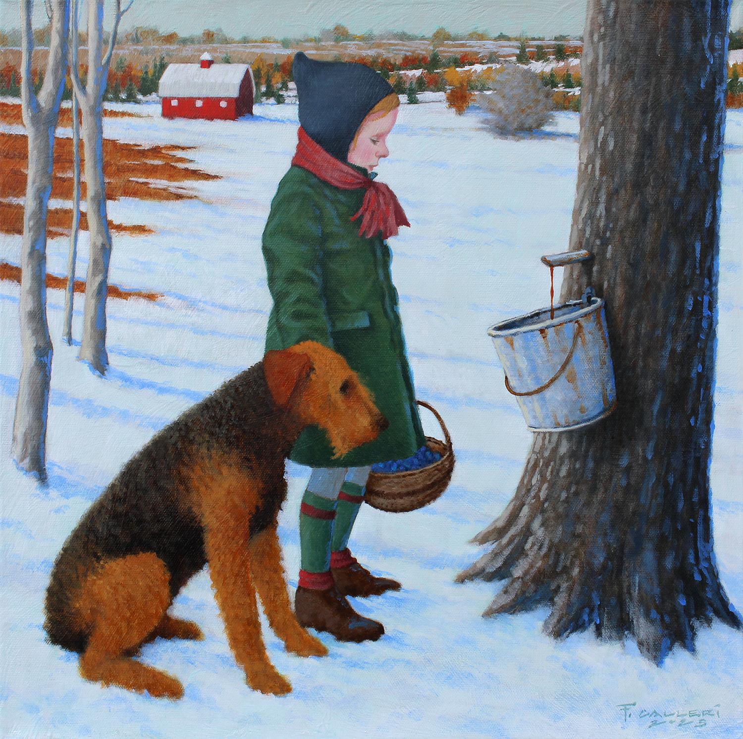 "Blaubeerpfannkuchen", Mädchen mit einem Korb voller Blaubeeren und Hund, der einen Ahornbaum anzapft