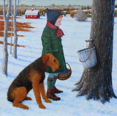"Blueberry Pancakes", girl with a basket of blueberries and dog tap maple tree