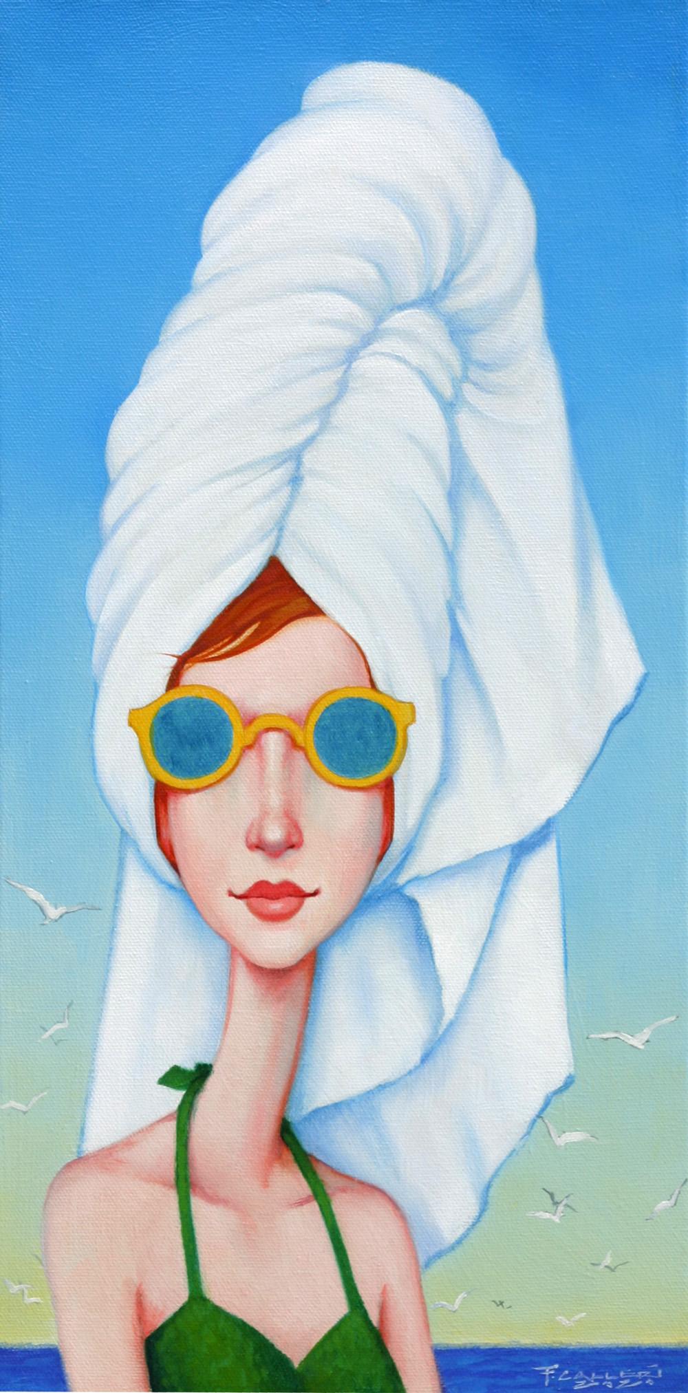 Fred Calleri Figurative Painting - "Bouffant" oil painting of a woman in a green swimsuit and white towel wrapped