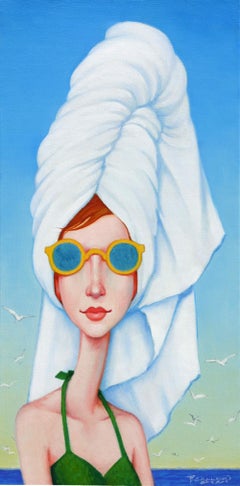"Bouffant" oil painting of a woman in a green swimsuit and white towel wrapped
