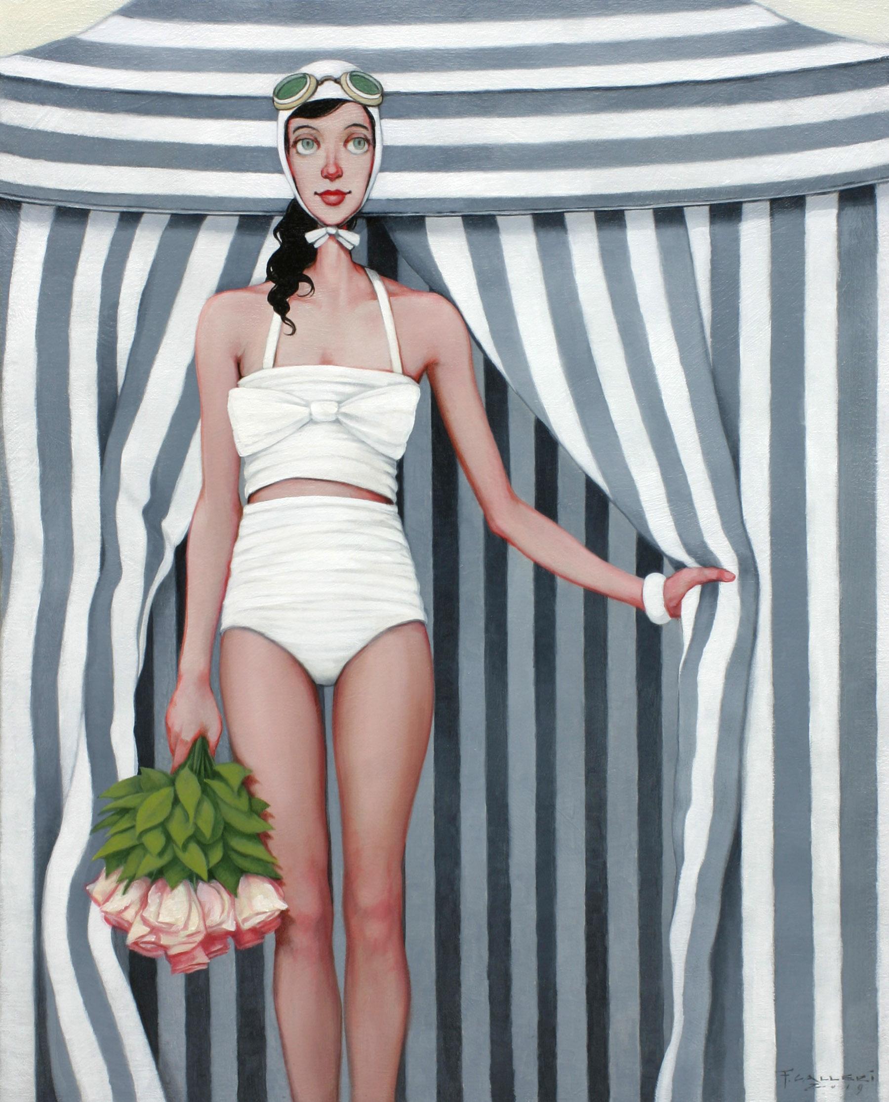 Fred Calleri Figurative Painting - ''Bouquet'' oil painting of woman in white swimsuit with grey striped tent 