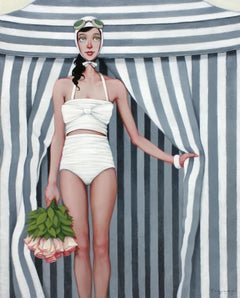 ''Bouquet'' oil painting of woman in white swimsuit with grey striped tent 