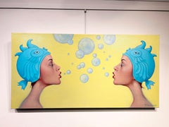 "Bubble Bath" yellow oil portrait of two women in blue fish hats blowing bubbles