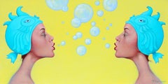 "Bubble Bath" yellow oil portrait of two women in blue fish hats blowing bubbles