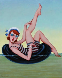 ''Buoyant Disposition'' oil painting of red headed woman floating in black tube