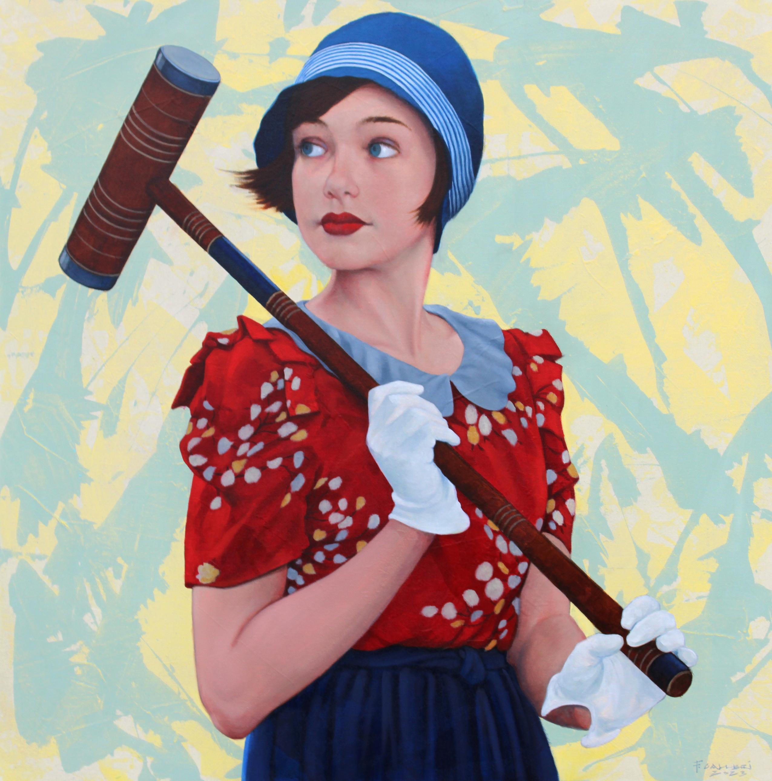 Fred Calleri Figurative Painting - "Croquet" oil painting of woman with red and navy dress, white gloves and hat