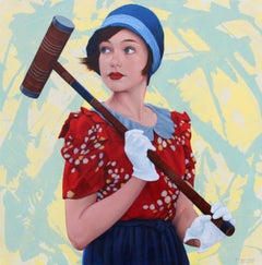 "Croquet" peinture à l'huile d'une femme avec robe rouge et marine, gants et chapeau blancs.