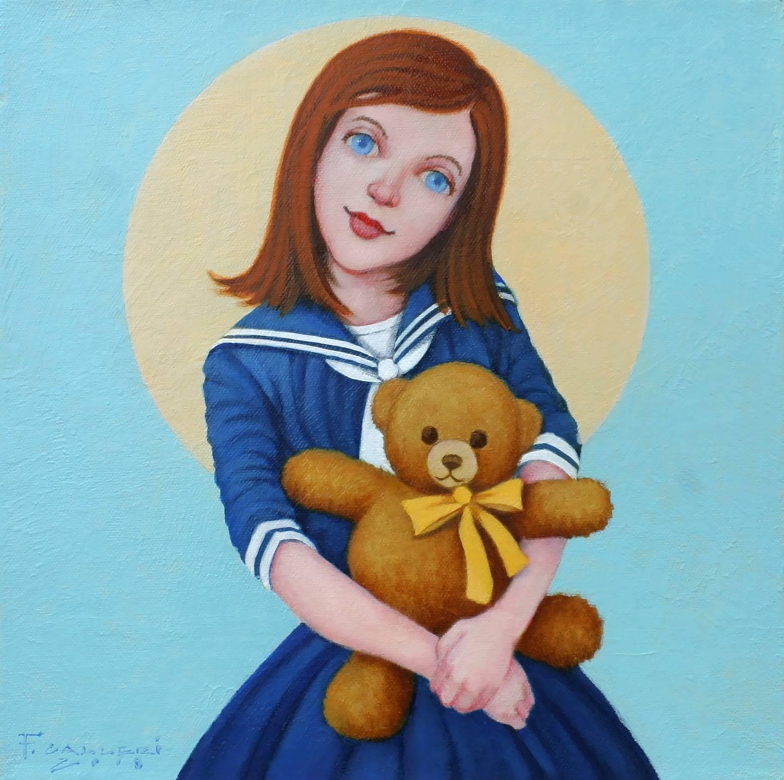 Fred Calleri Figurative Painting - "Cuddle and Repeat" Girl and teddy bear with Light Blue and Yellow Background