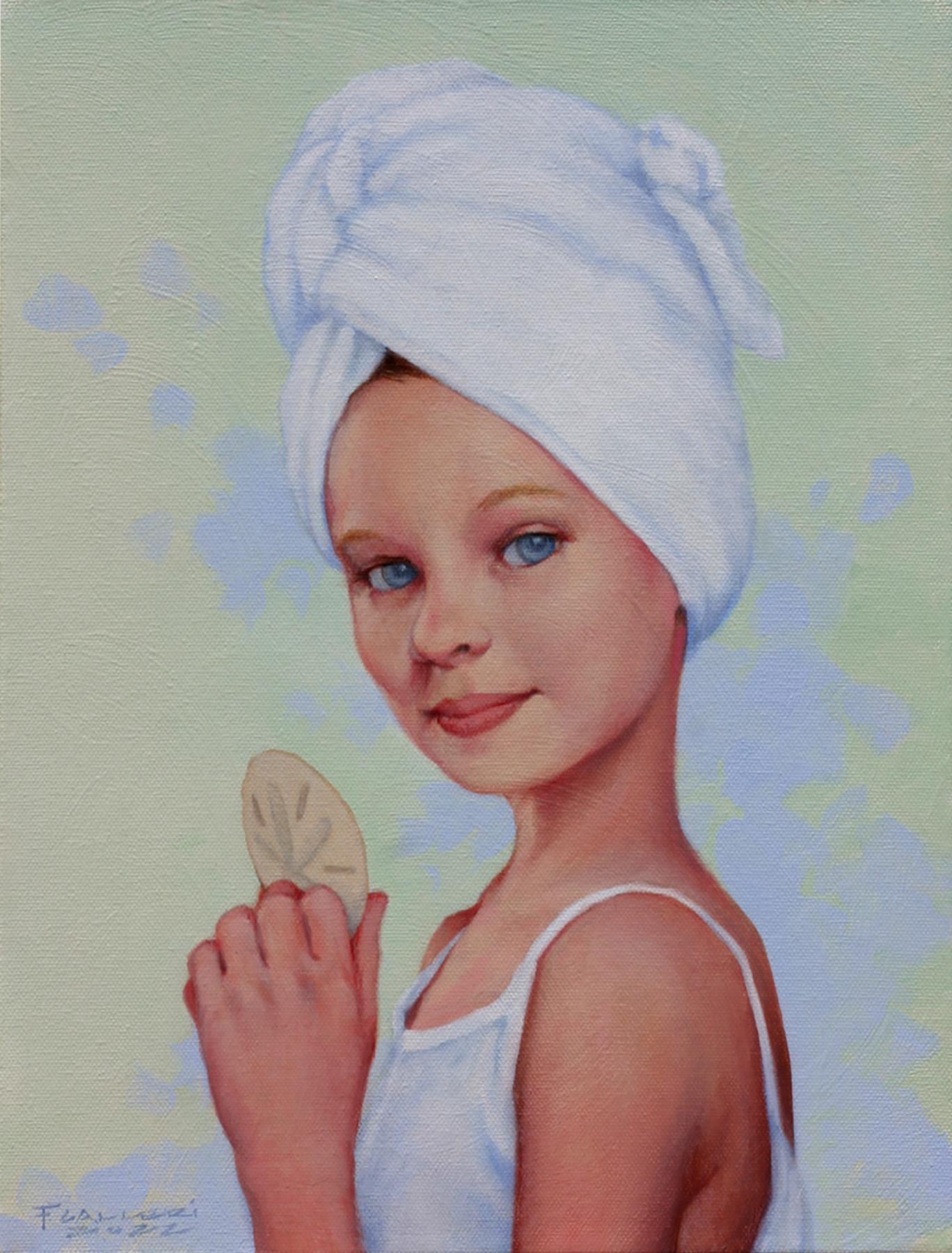 Fred Calleri Figurative Painting - "Currency" Woman in white tank top and towel head wrap holding a sand dollar.