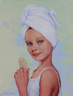 "Currency" Woman in white tank top and towel head wrap holding a sand dollar.