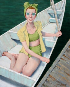"Day Tripper" oil painting of a woman in a white rowboat in green bikini & scarf