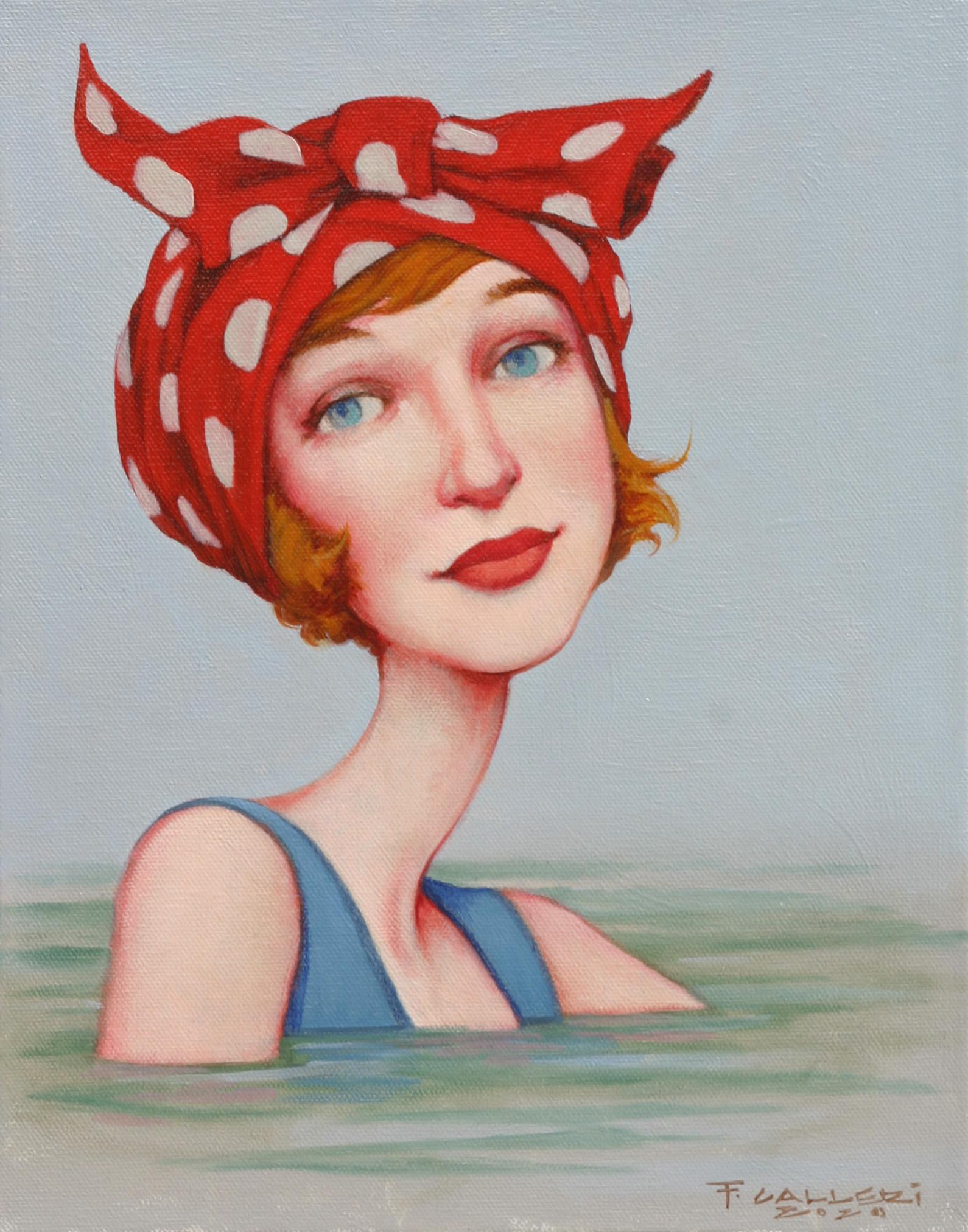 Fred Calleri Portrait Painting - "Dolly Bow" portrait oil painting of woman with red polka dot scarf on her head