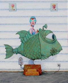 "Five Penny Fun" Swimmer enjoying a ride inside a green mechanical fish