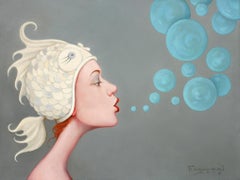 "Fizzy Bubbles" Oil painting of a woman in white fish cap blowing bubbles