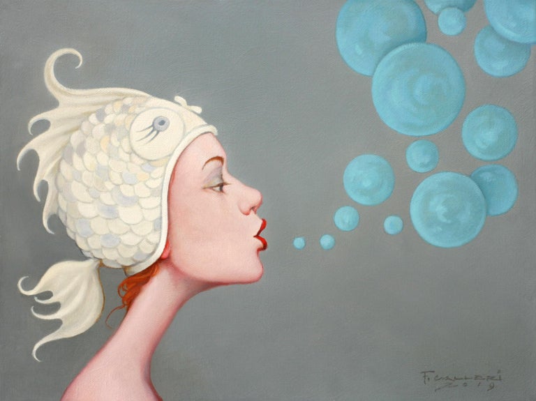 "Fizzy Bubbles" Oil painting of a woman in white fish cap blowing bubbles 1