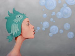 ''Floating Gently'' oil painting of a woman in teal fish cap blowing bubbles