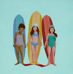 "Girl Power" The girls in assorted colored swimsuits beside colored surfboards.