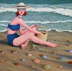 "Gold Mine" Woman in blue bathing suit collecting seashells by the sea shore