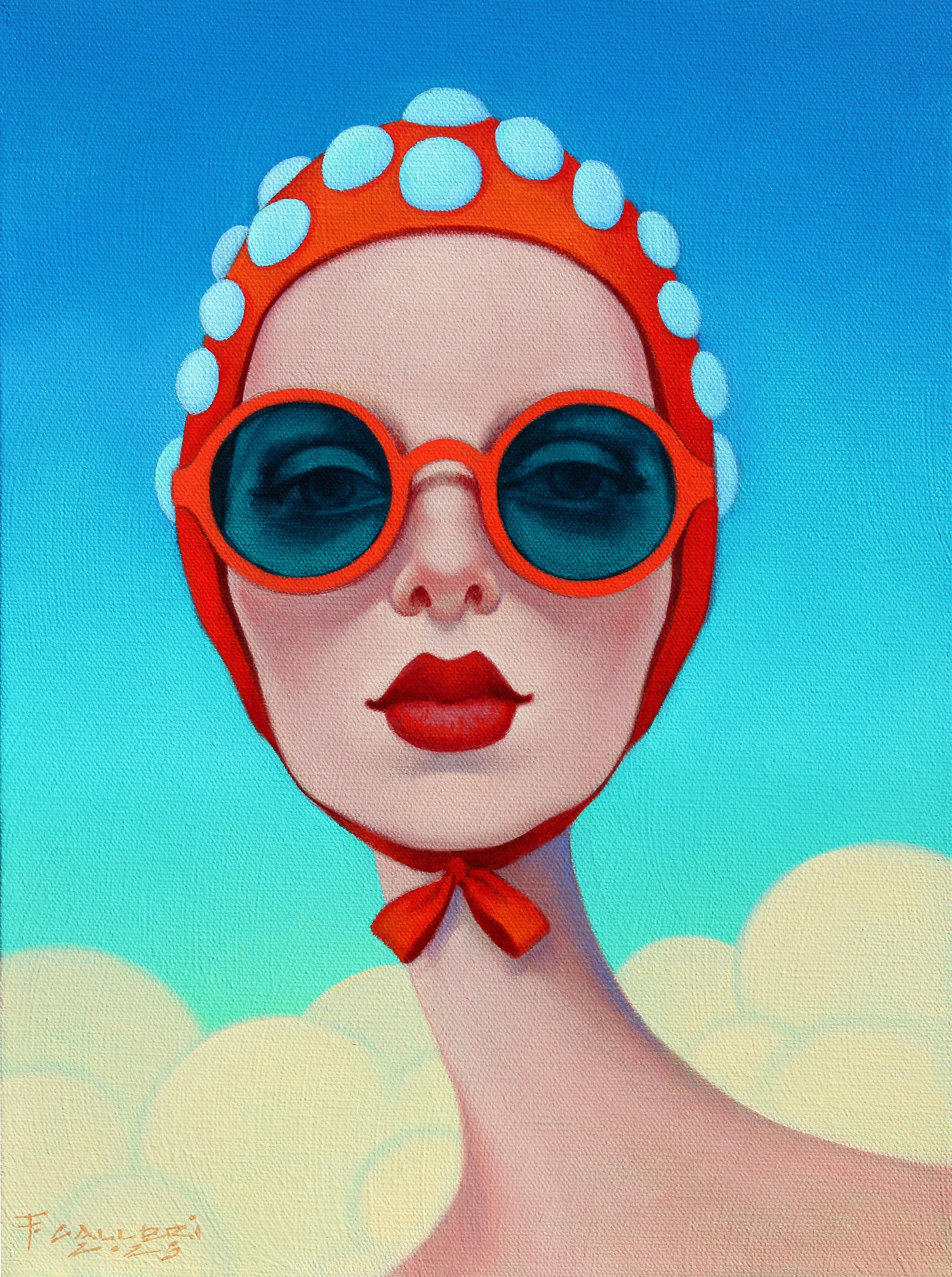Figurative Painting di Fred Calleri - "Good Vibrations", primo piano di una donna con un CAP rosso e occhiali da bagno