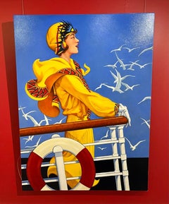 "Holiday Breezes" oil painting of woman in yellow jumpsuit on boat deck