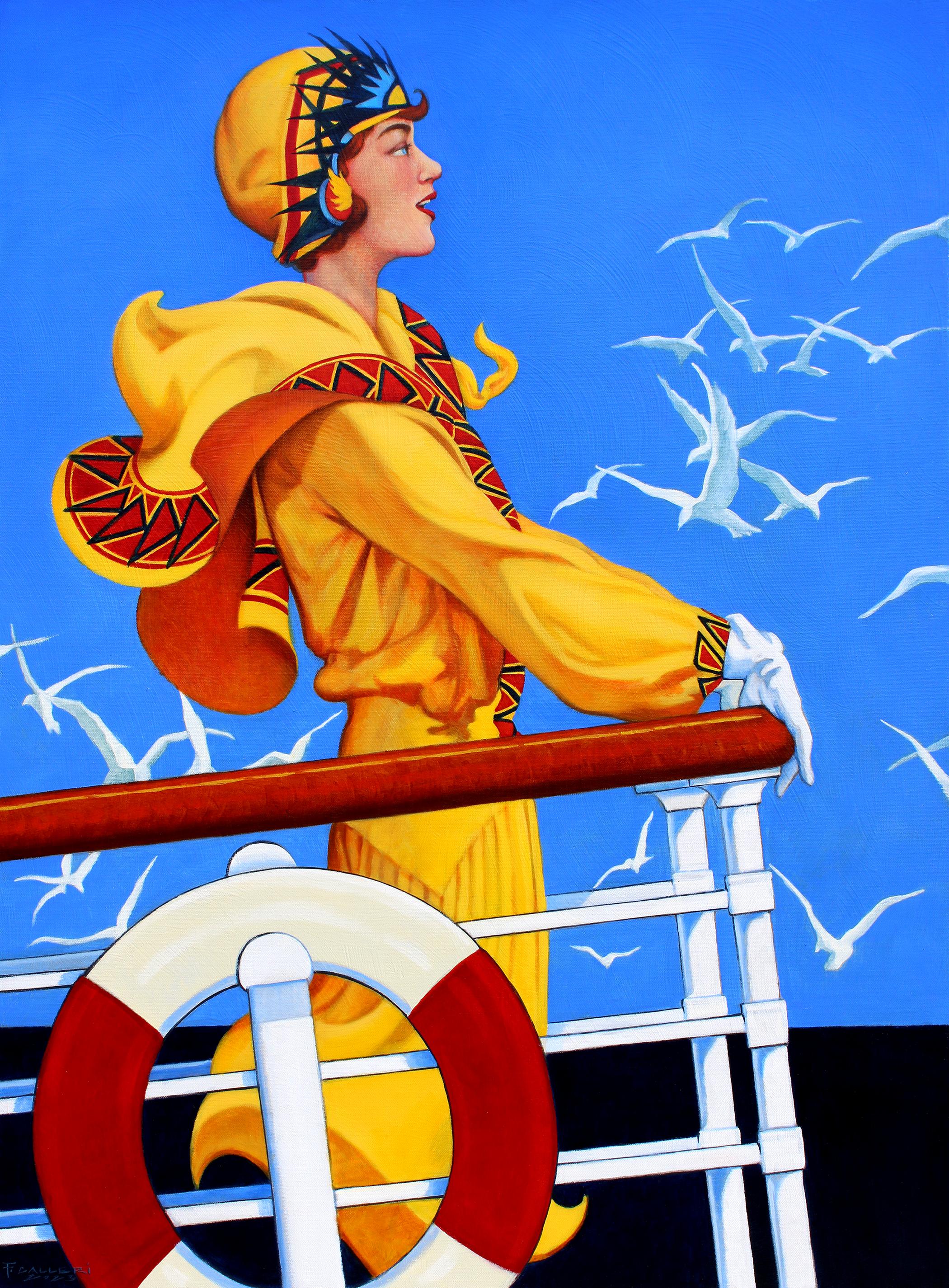 Figurative Painting Fred Calleri - "Holiday Breezes" peinture à l'huile d'une femme en combinaison jaune sur le pont d'un bateau