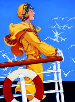 "Holiday Breezes" peinture à l'huile d'une femme en combinaison jaune sur le pont d'un bateau
